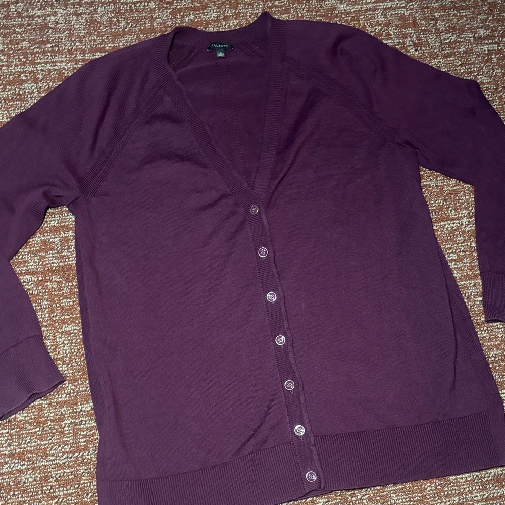 Talbots lightweight button down cardigan eggplant purple long sleeve sweater